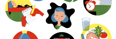 Tecknad bild som visar olika delar av en persons hälsa. Omkring en ledsen person finns bland annat en tallrik med mat, en väckarklocka och en läkares stetoskop.