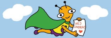 Superhjälten Undra flyger med ett brev som det står Hej Undra på